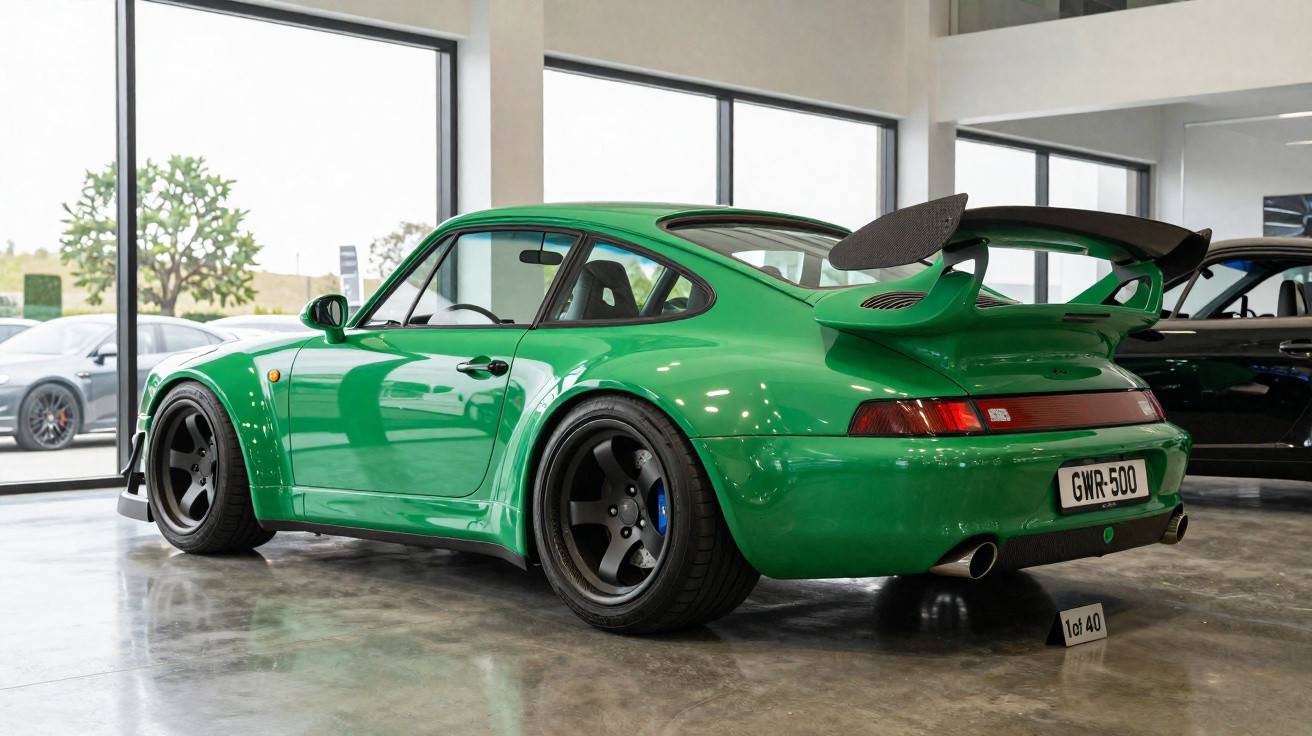 Carro esportivo verde com aerofólio grande, rodas pretas e placa GWR-500 em showroom moderno.