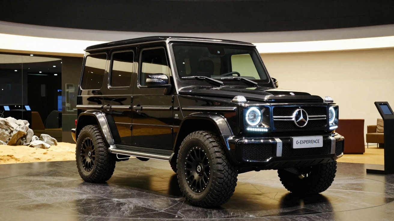 Mercedes-Benz G-Class preta exibida em showroom com pneus off-road e faróis acesos.