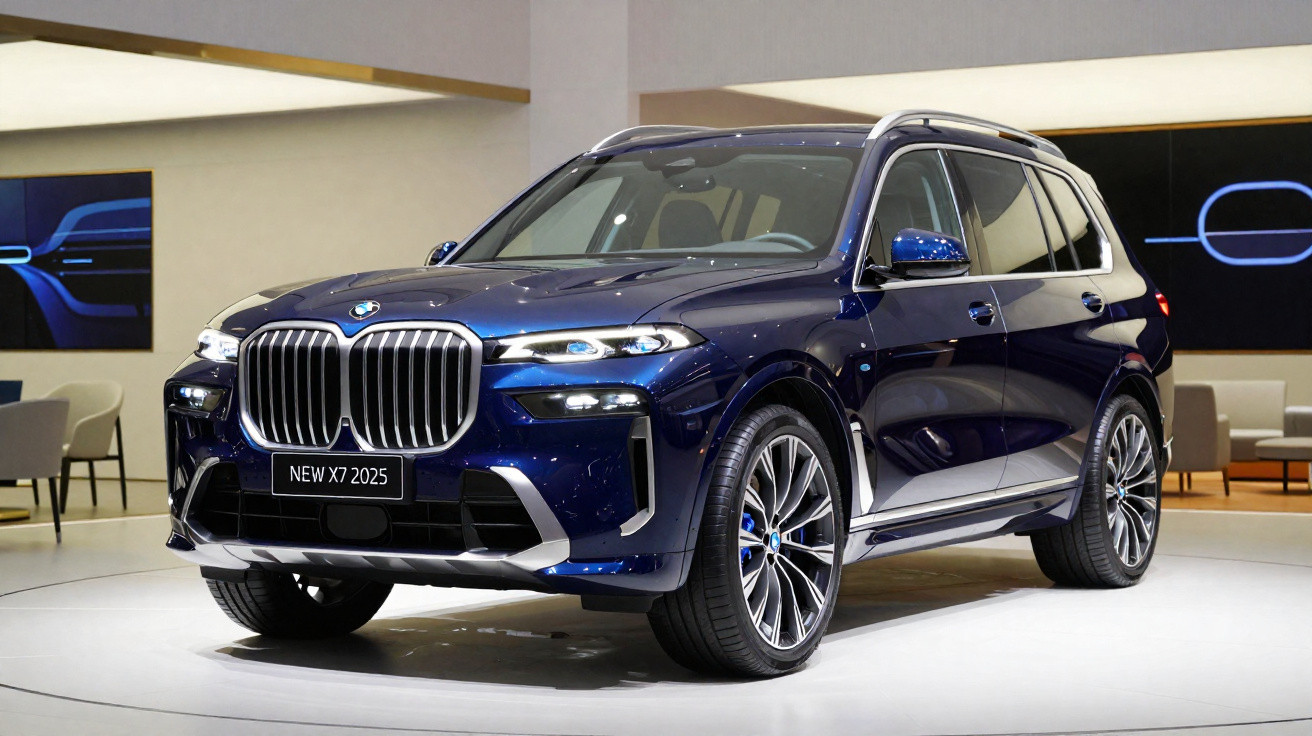 SUV BMW X7 2025 azul metálico exibido em ambiente interno moderno.