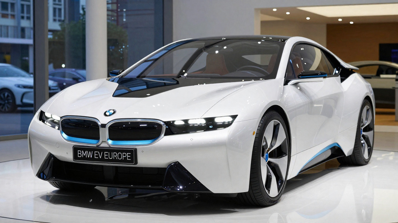 Carro esportivo elétrico BMW branco com detalhes em azul exibido em salão moderno.