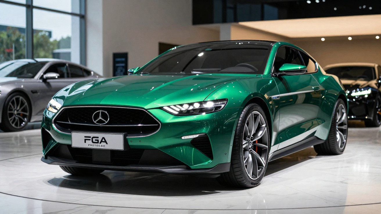 Carro esportivo Mercedes-Benz verde metálico em exposição interna, com design moderno e rodas grandes.