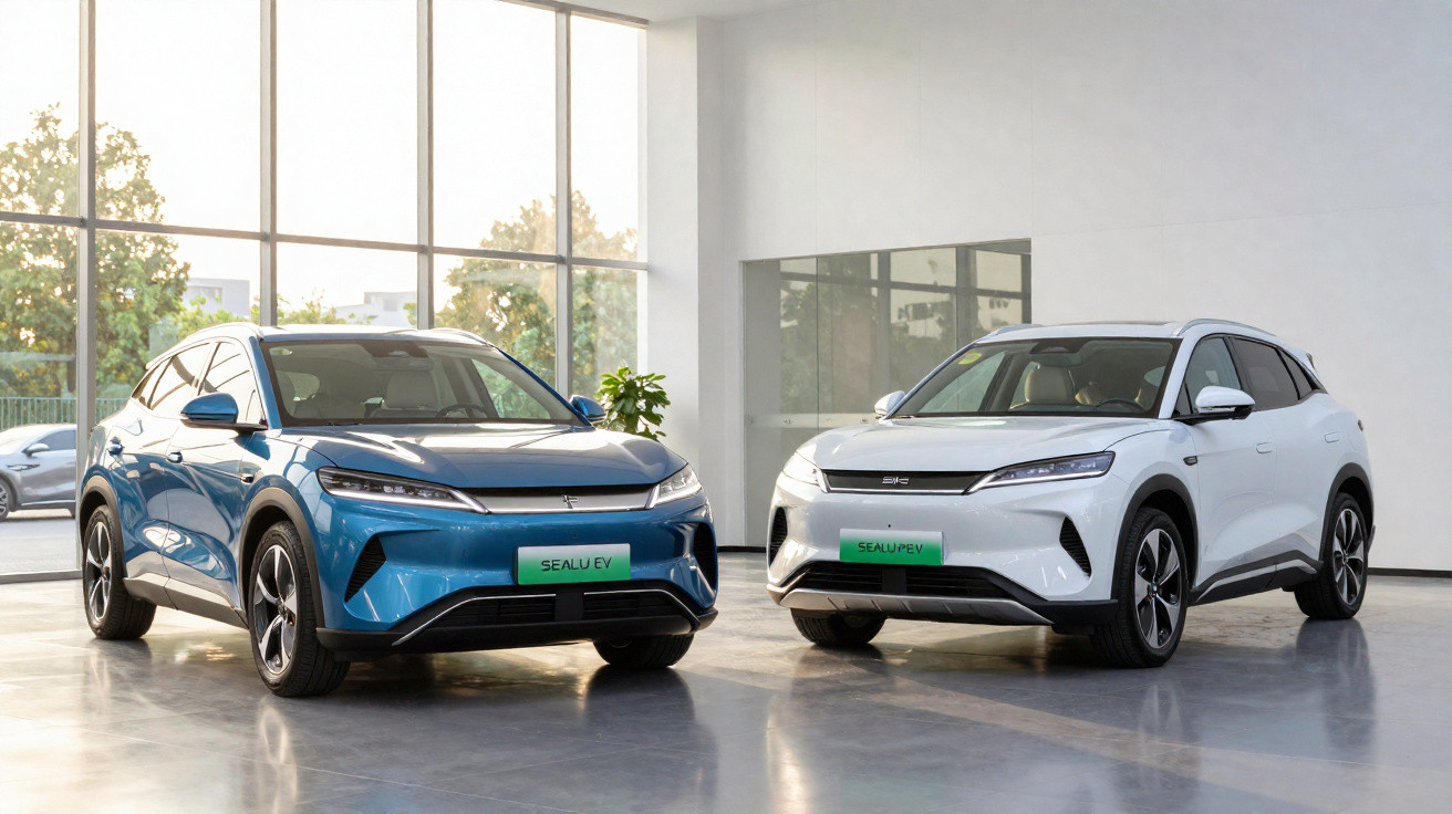 Dois carros elétricos SUV SealU EV, um azul e um branco, exibidos em showroom com grande janela.
