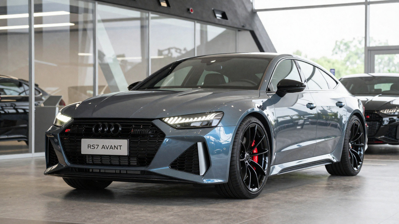 Carro Audi RS7 Avant cinza estacionado em showroom com rodas pretas e freios vermelhos.
