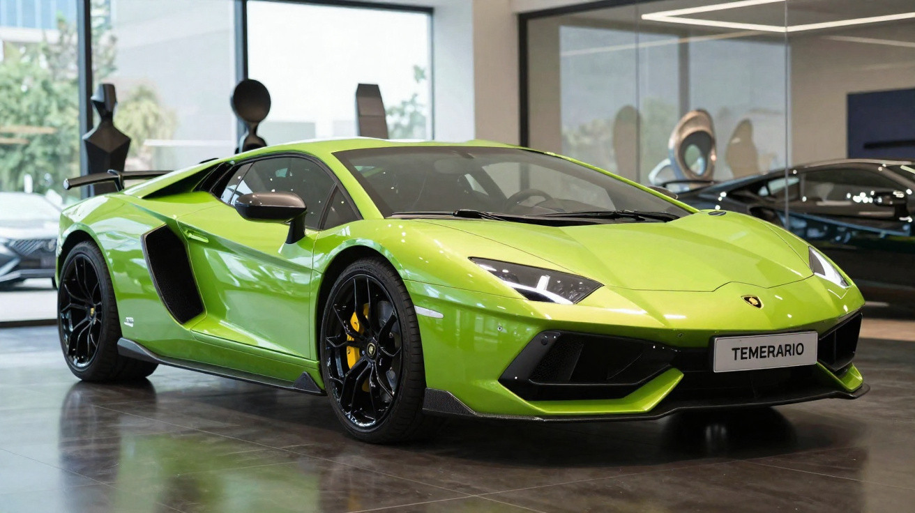 Carro esportivo Lamborghini verde limão em showroom com rodas pretas e freios amarelos.