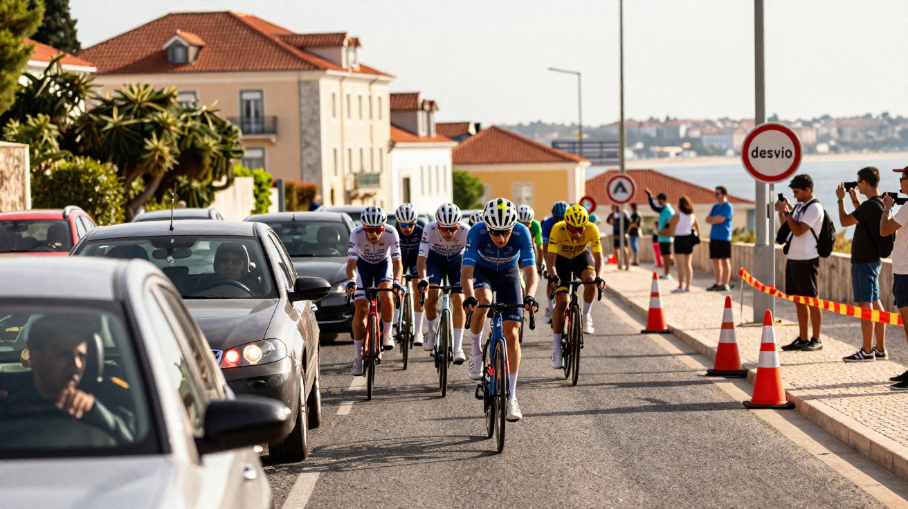 Grupo de ciclistas em estrada urbana com carros, cones de sinalização e pessoas fotografando o evento.