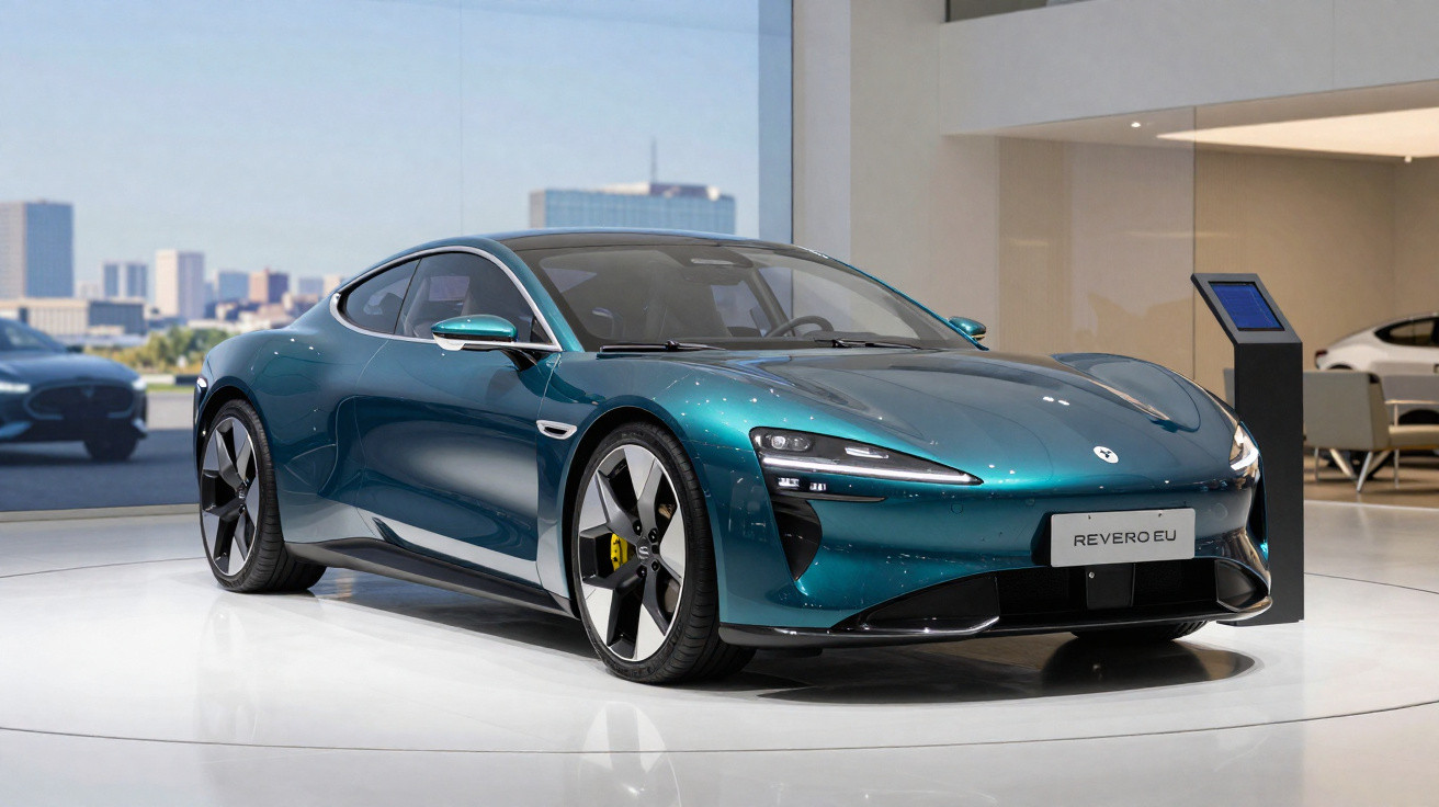 Carro esportivo elétrico azul metálico estacionado em exposição interna com placa Revero EU.