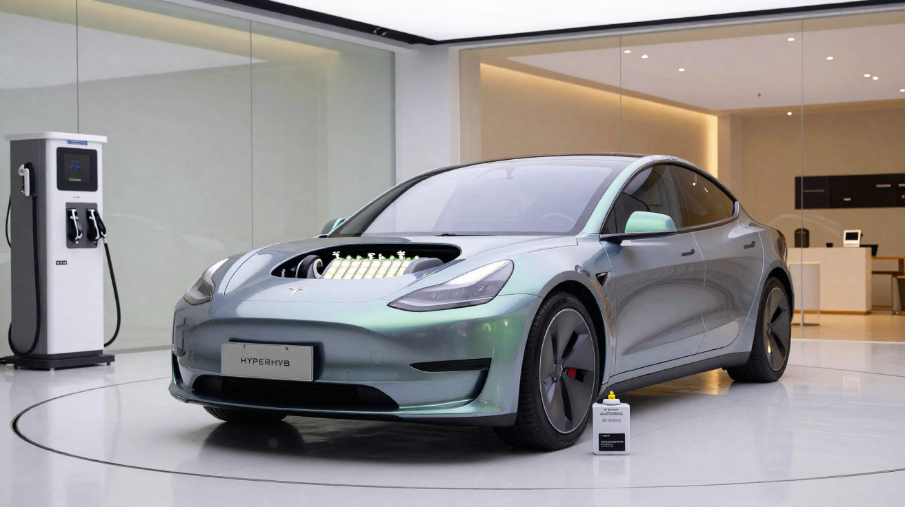 Carro elétrico Tesla Model 3 prateado em showroom, com visualização do motor e estação de carregamento ao lado.