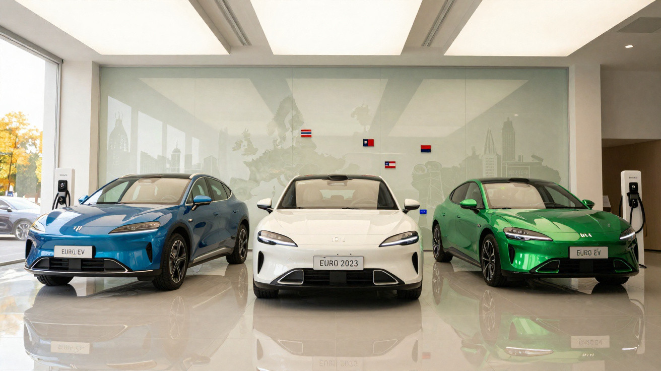 Três carros elétricos da BYD em exposição, nas cores azul, branco e verde, em showroom moderno.