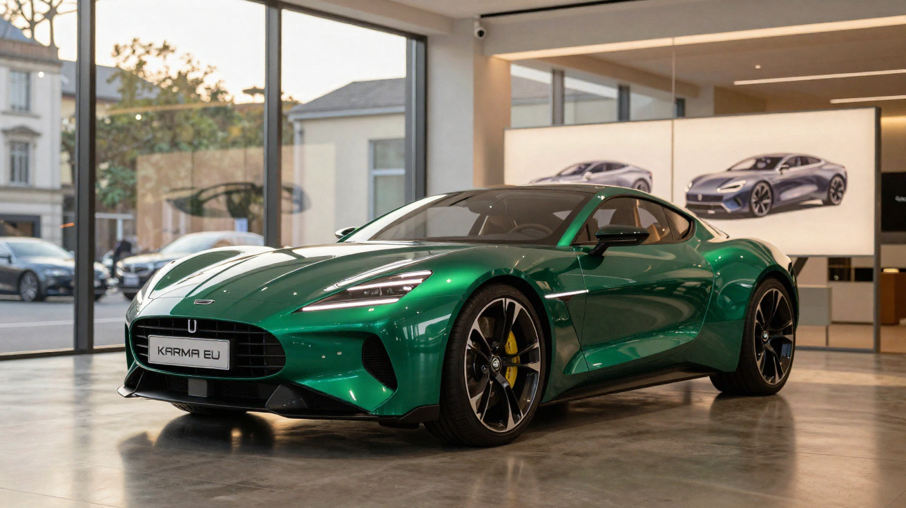 Carro esportivo verde metálico em exposição interna com painéis ilustrativos ao fundo.