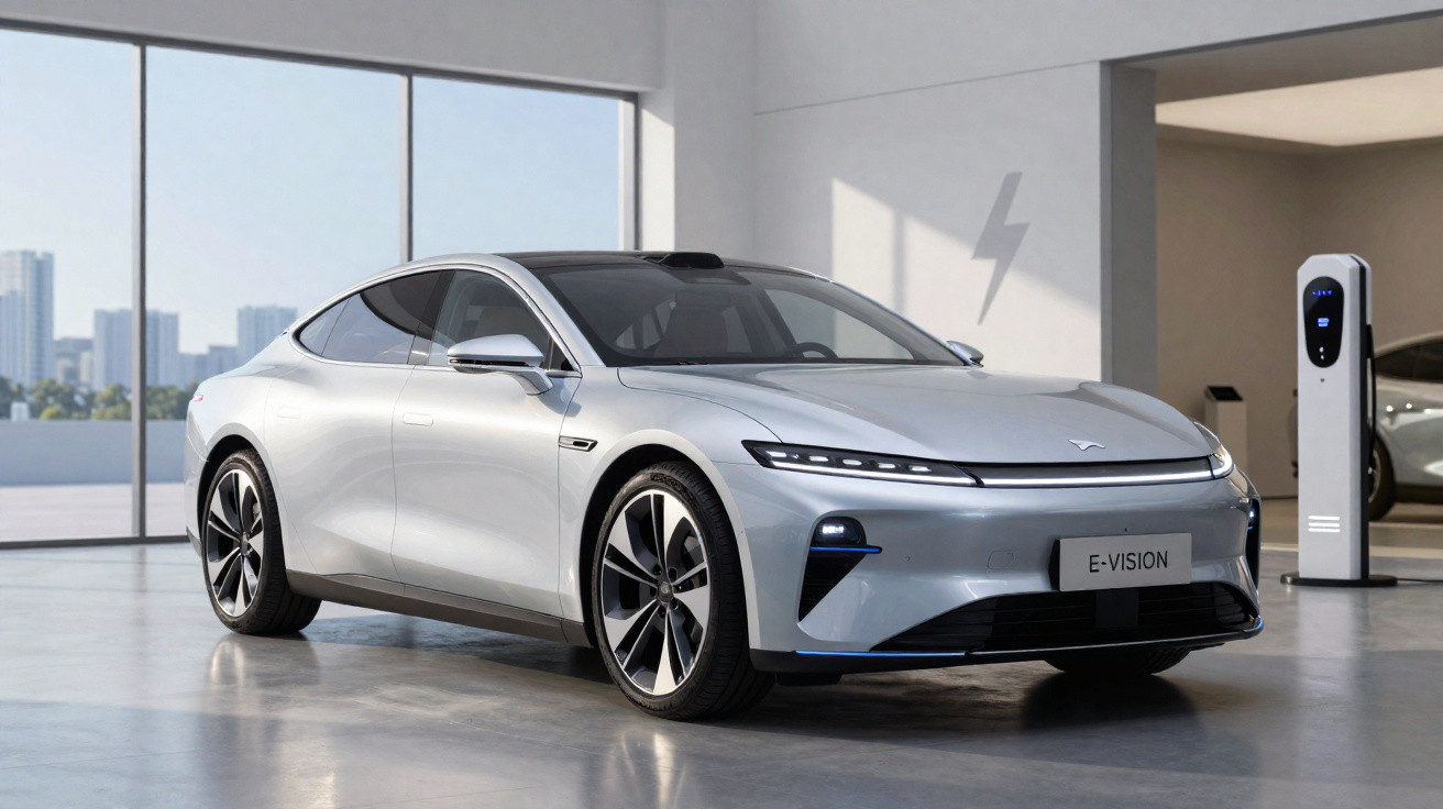 Carro elétrico prata E-Vision estacionado em garagem moderna com carregador na parede e vista urbana ao fundo.