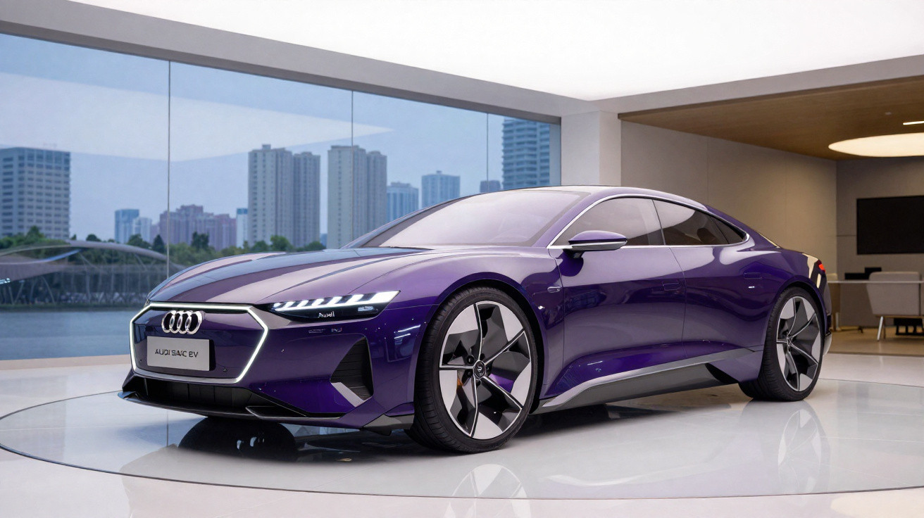 Carro elétrico Audi esportivo na cor roxa exibido em showroom moderno com vista para cidade pela janela.