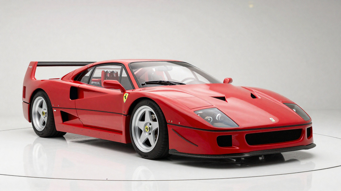 Ferrari F40 vermelha clássica em estúdio, vista 3/4 frontal, com aerofólio traseiro e rodas prateadas.