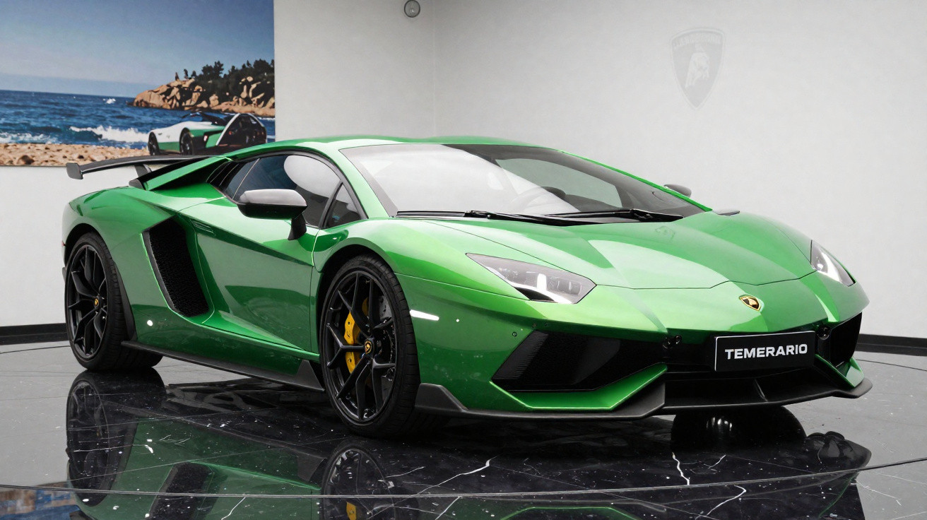 Carro esportivo Lamborghini verde, modelo Temerario, exibido em ambiente interno com piso preto brilhante.