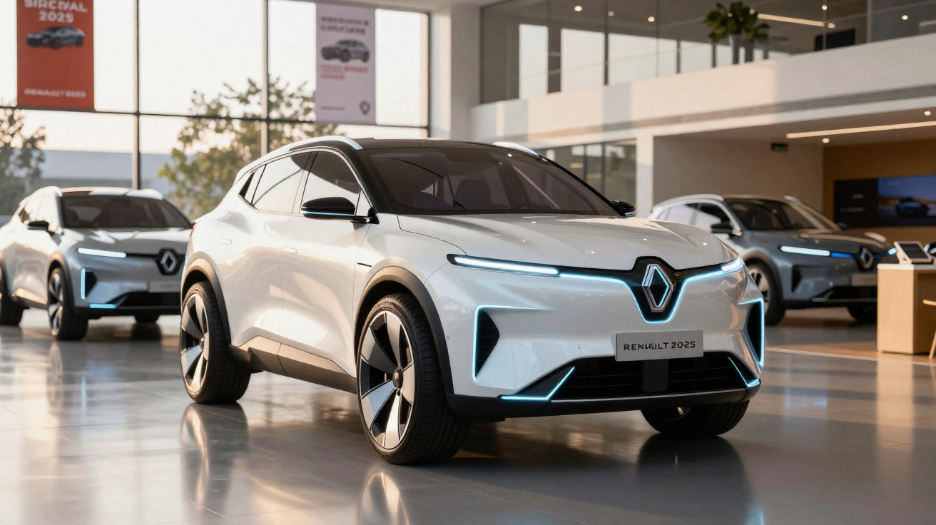 Carro conceito elétrico branco Renault 2025 exibido em showroom moderno e iluminado.