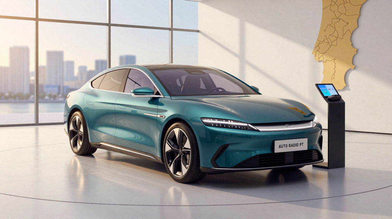 Carro elétrico azul metálico exposto em showroom moderno com paredes de vidro e vista urbana ao fundo.