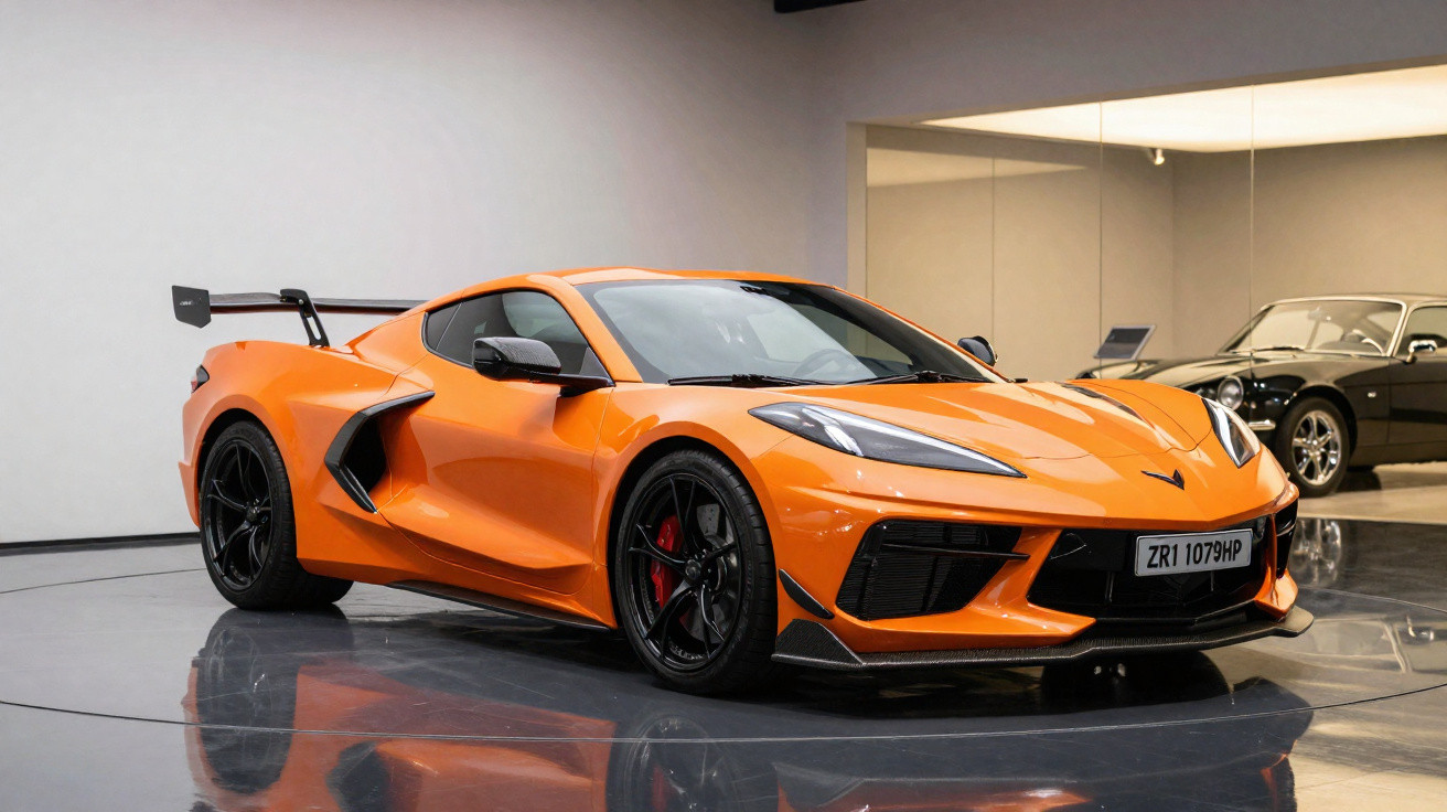 Carro esportivo laranja Chevrolet Corvette C8 estacionado em ambiente fechado com refletor no chão.