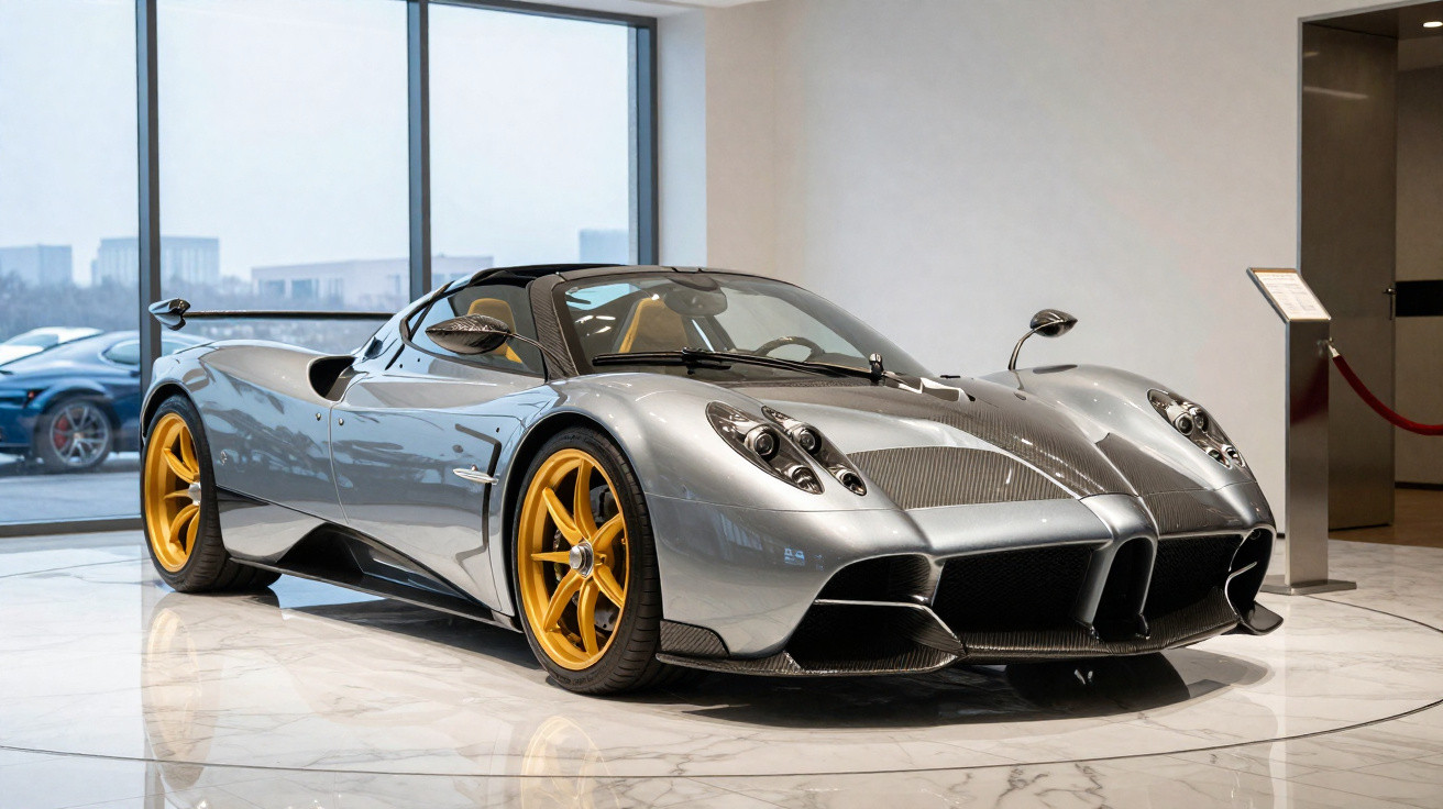 Carro esportivo prata com rodas amarelas exposto em ambiente interno moderno com piso de mármore.