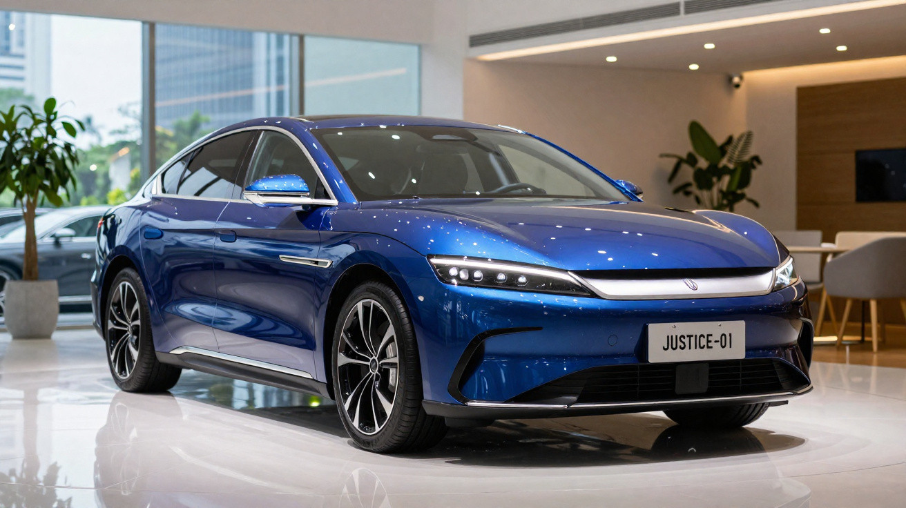 Carro elétrico azul modelo sedan com acabamento moderno exibido em showroom iluminado.