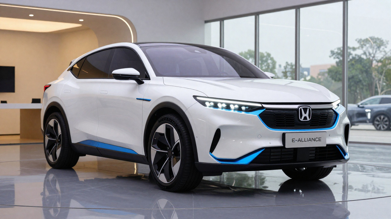 Carro elétrico Honda E-Alliance branco em exposição interna com design moderno e detalhes em azul.