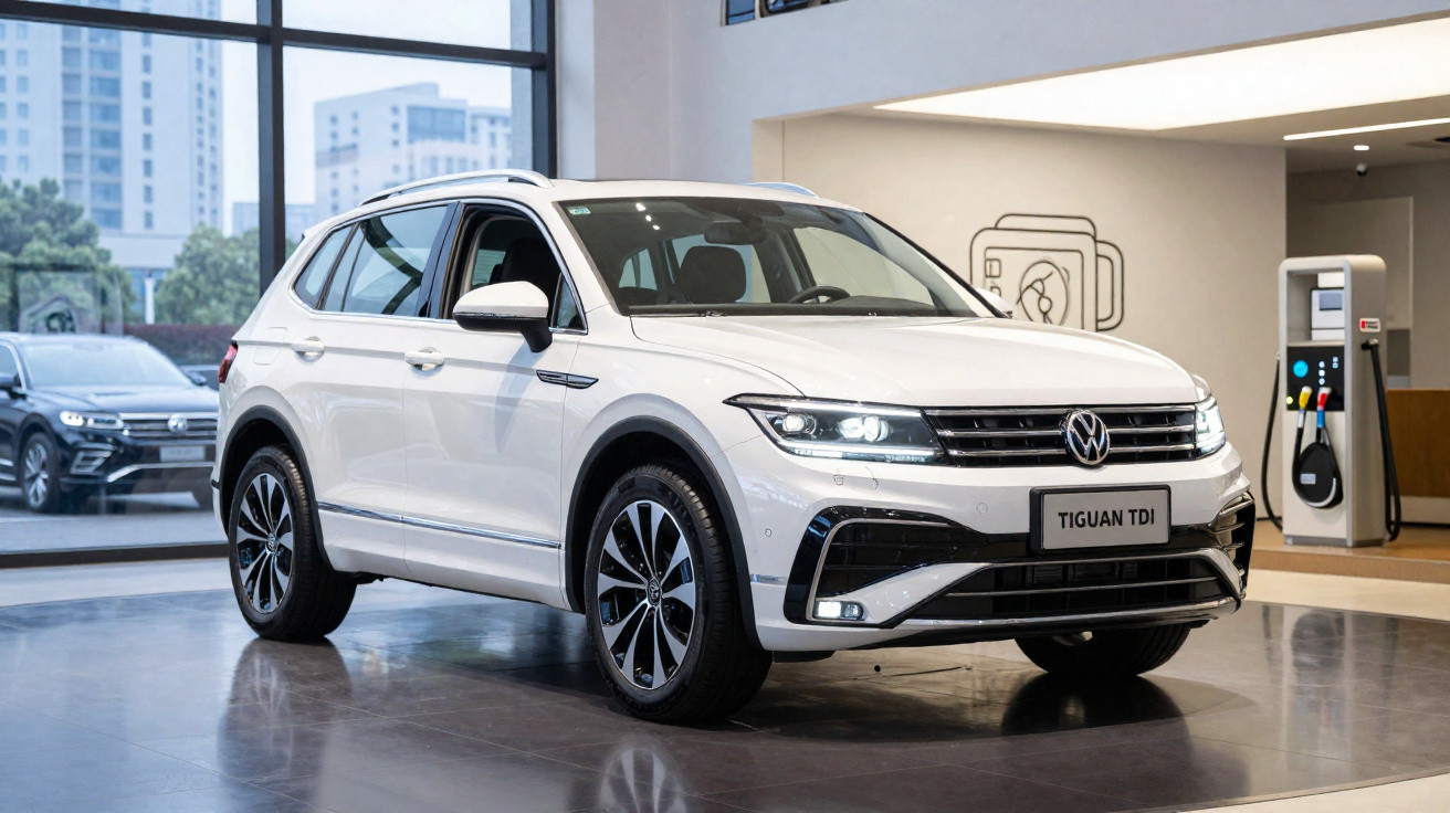 SUV branco Volkswagen Tiguan TDI exposto em showroom moderno com grande vitrine ao fundo.