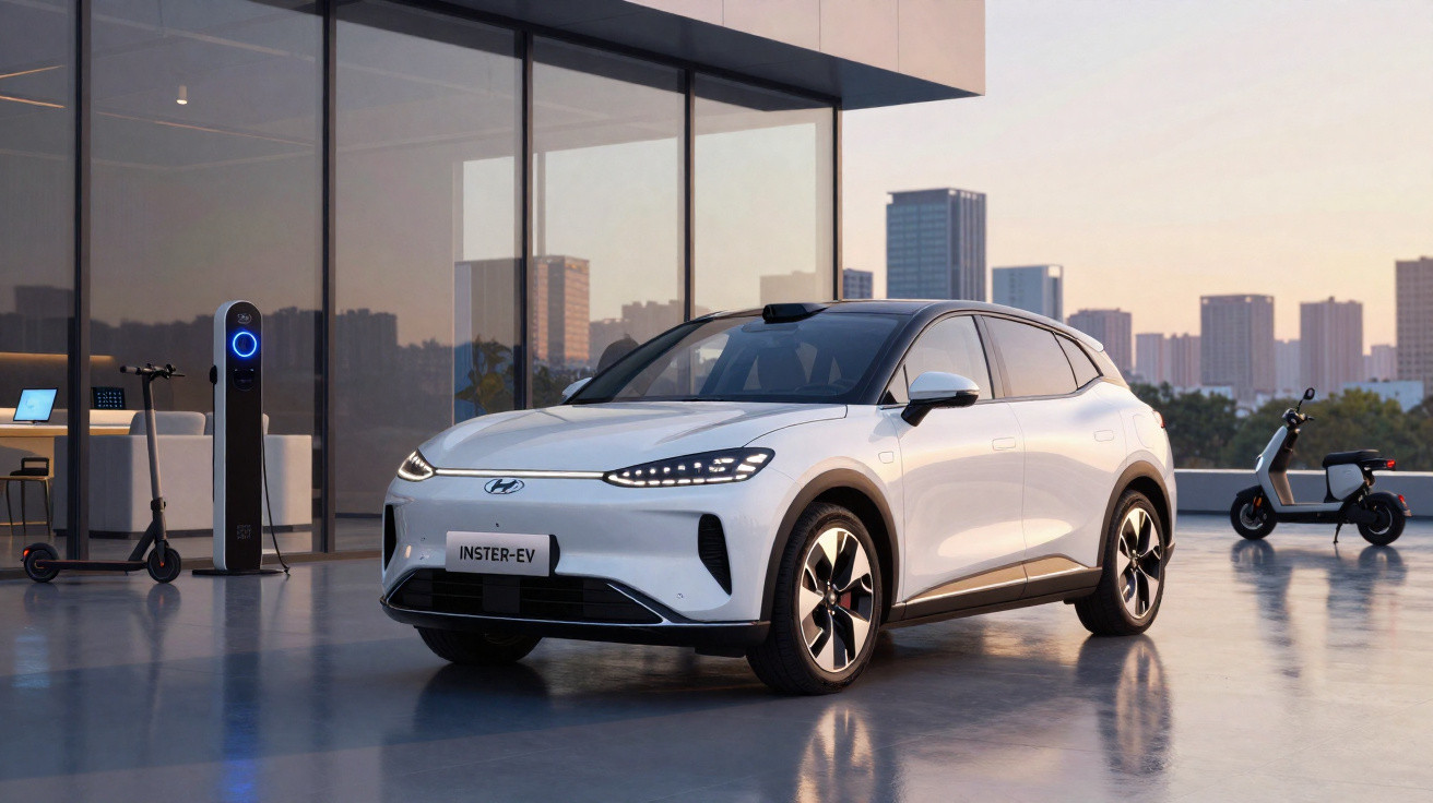 Carro elétrico Hyundai Instser-EV branco estacionado próximo a estação de recarga em ambiente urbano moderno.