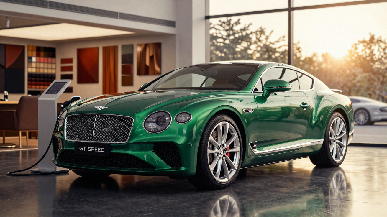 Carro esportivo verde Bentley GT Speed elétrico carregando em showroom moderno ao pôr do sol.