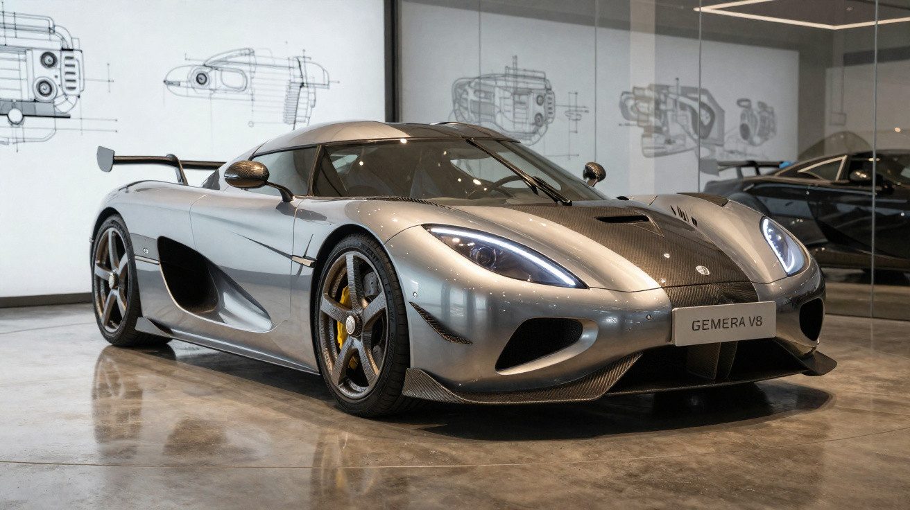 Carro esportivo prata Koenigsegg Gemera V8 em exposição com fundo de desenhos técnicos.