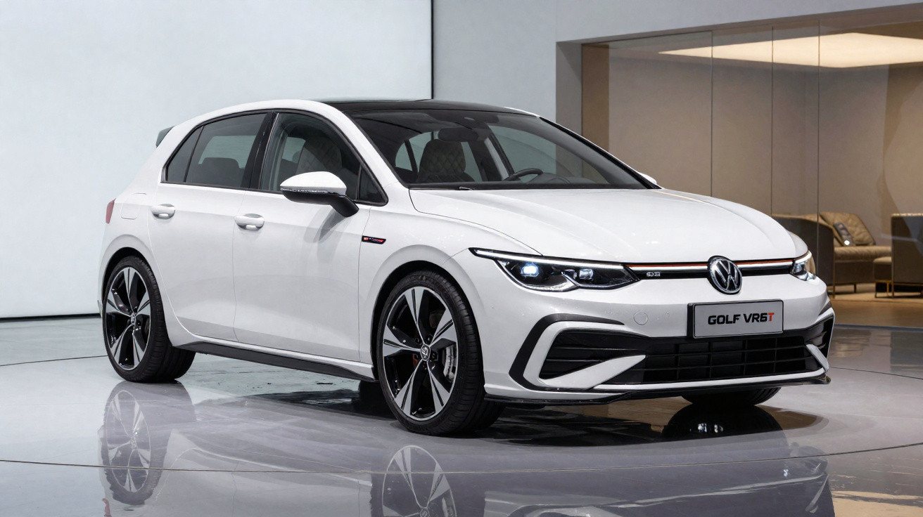 Carro branco Volkswagen Golf VR6 GT estacionado em ambiente interno moderno, com teto preto e rodas esportivas.