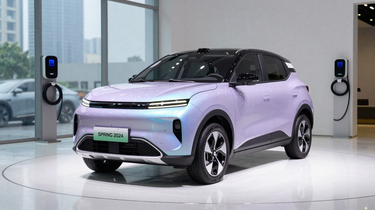 Carro elétrico SUV compacto lilás com teto preto em exposição interna, com estação de recarga ao fundo.