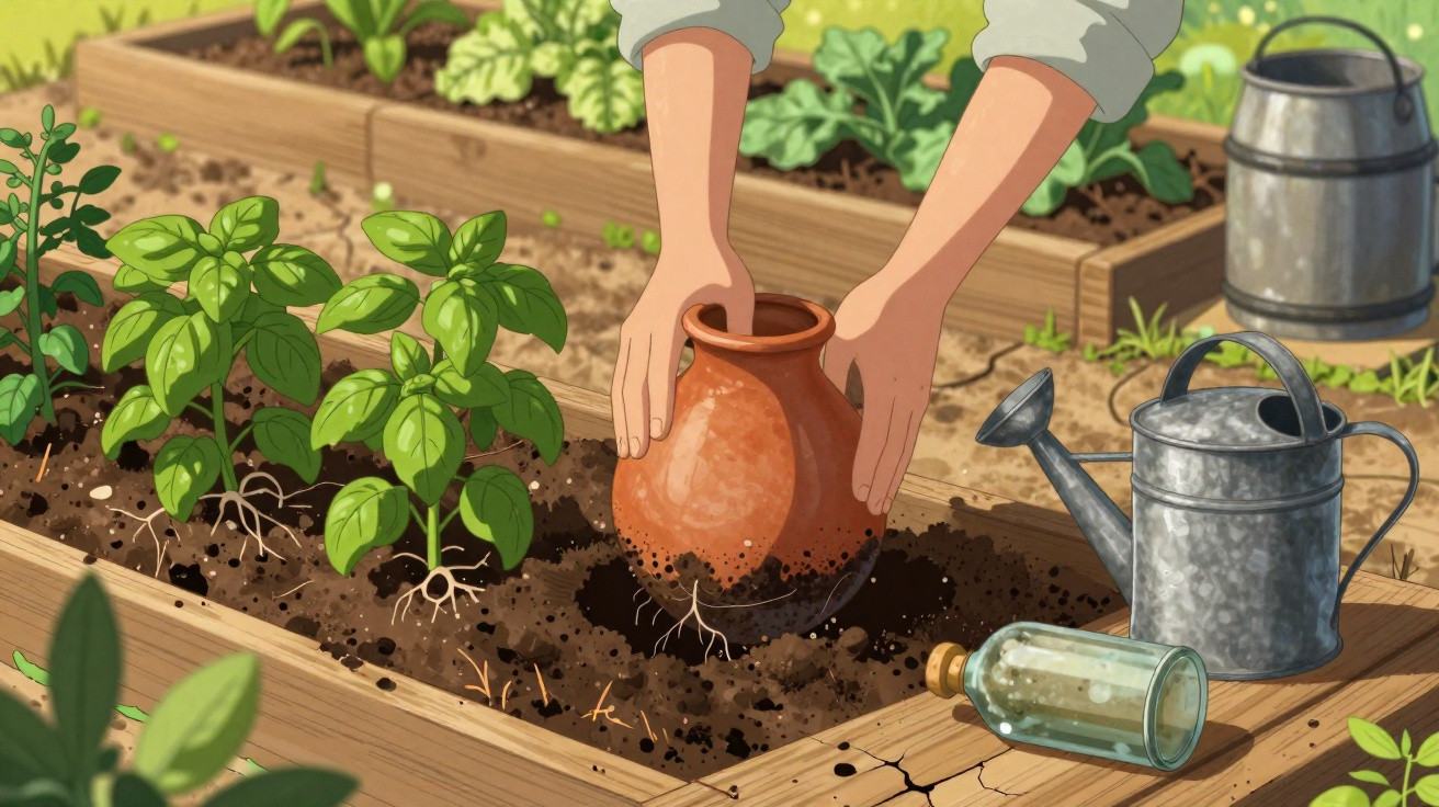 Pessoa plantando vaso de barro em canteiro com plantas verdes, regador e garrafa de vidro ao lado.