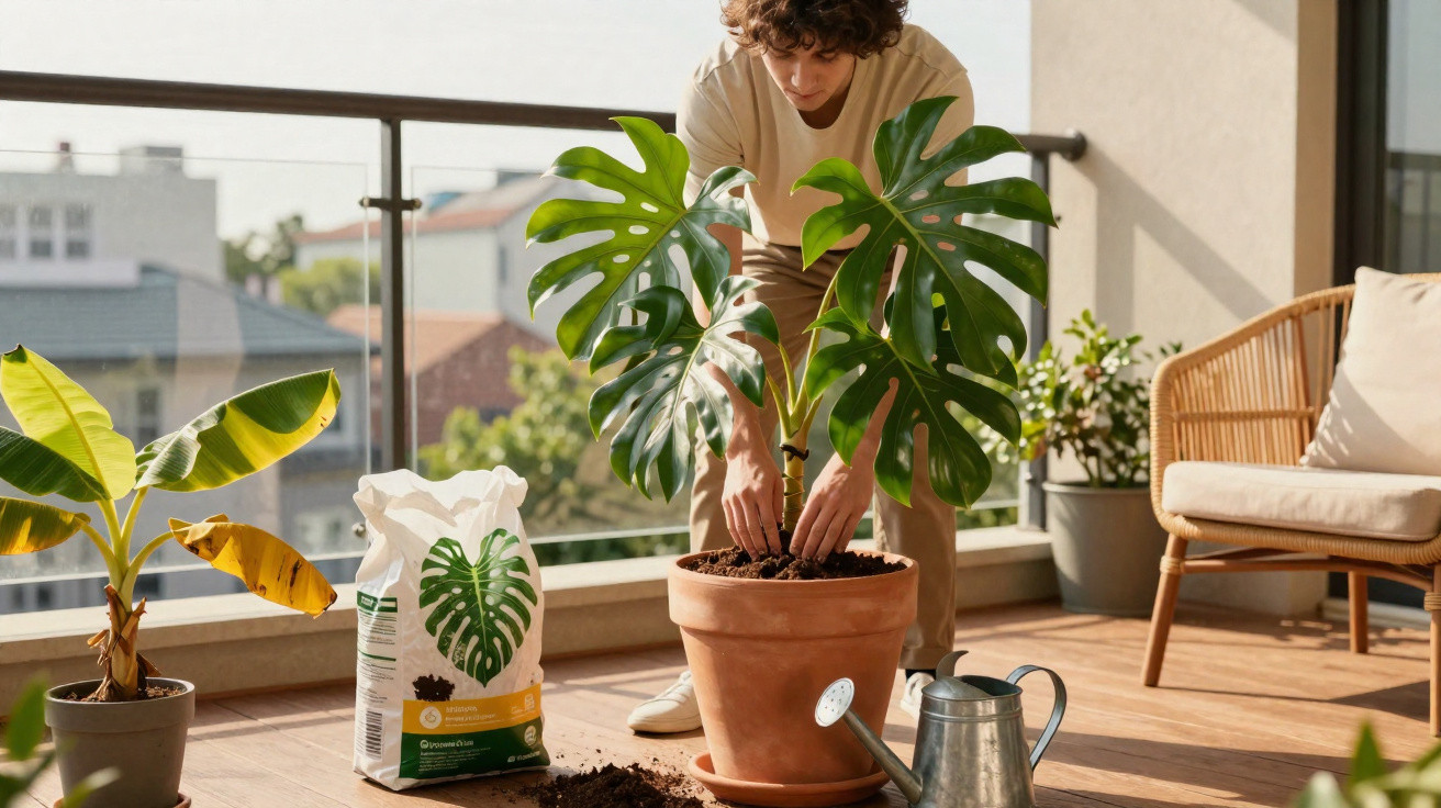 Pessoa transplantando planta Monstera em vaso de cerâmica em varanda ensolarada com materiais de jardinagem.
