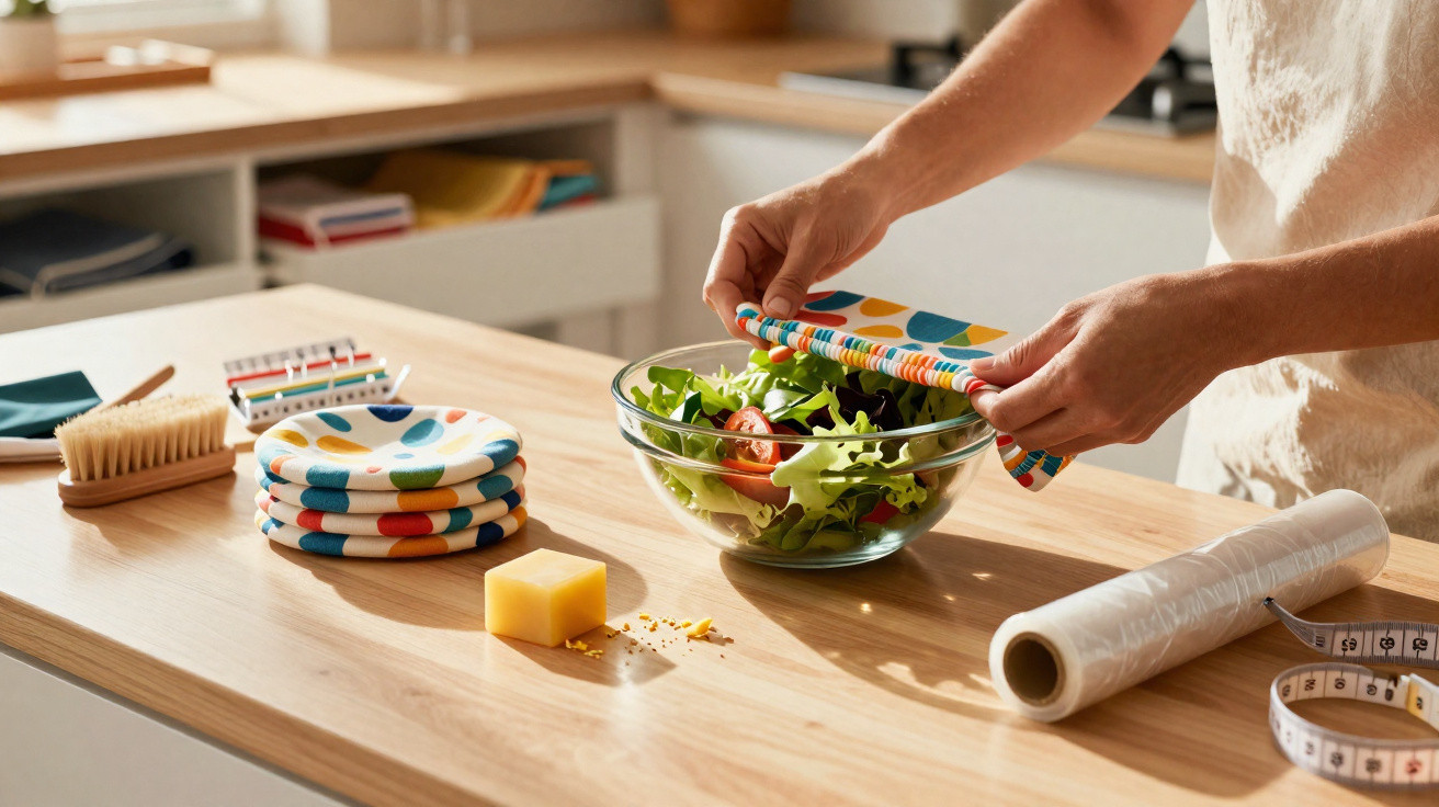 Mãos cobrindo salada com filme plástico reutilizável colorido sobre bancada de cozinha clara.