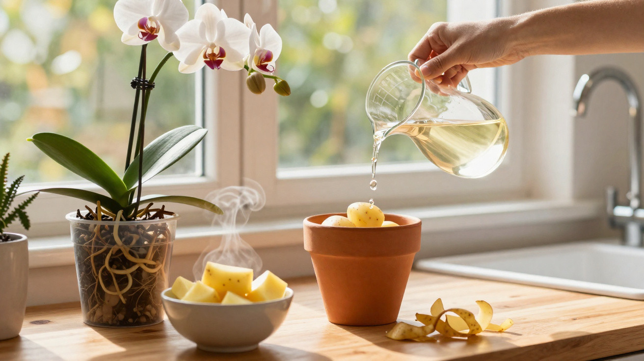 Mão regando batatas em vaso de barro ao lado de orquídea branca e batatas cortadas em uma tigela branca.