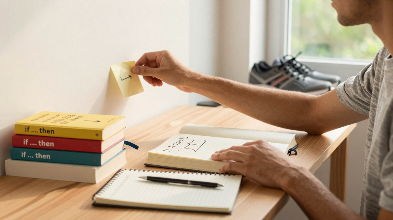 Pessoa colando post-it com seta em parede ao lado de livros e caderno em mesa de madeira clara.
