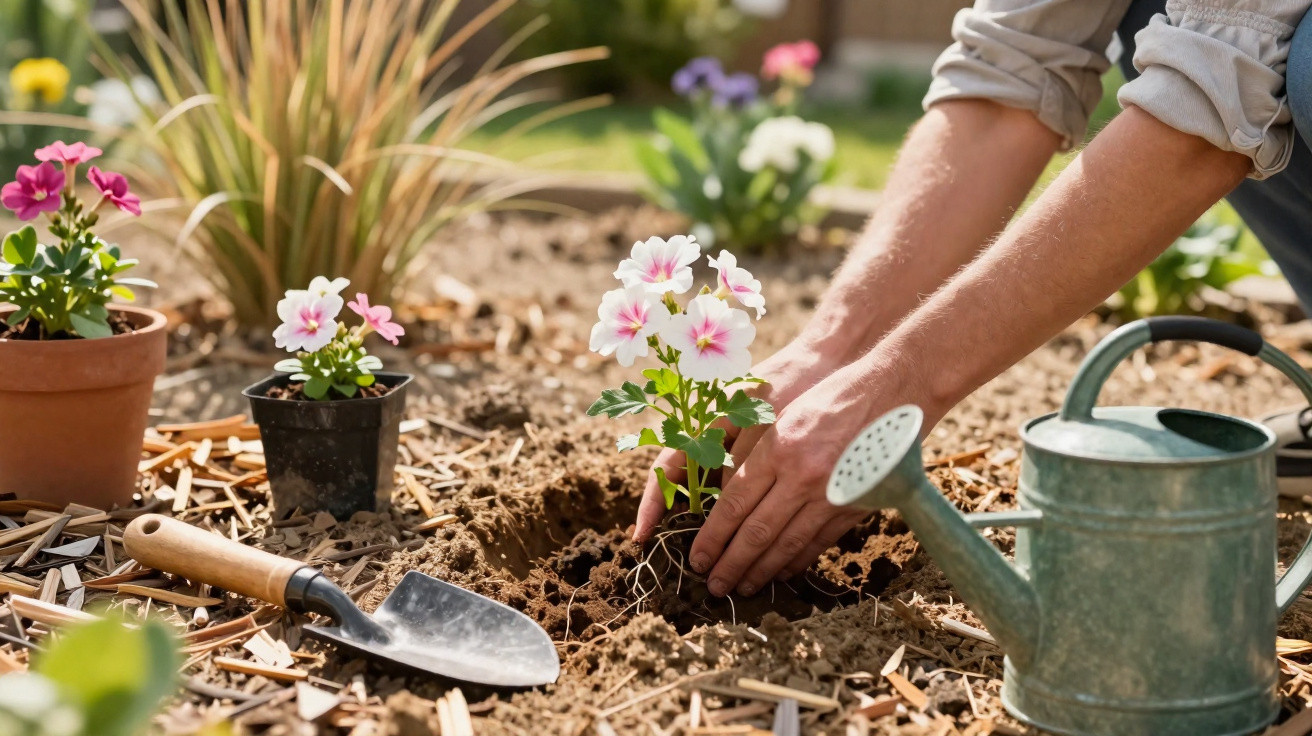 Pessoa plantando flores rosas em jardim com regador e pá ao lado durante o dia.