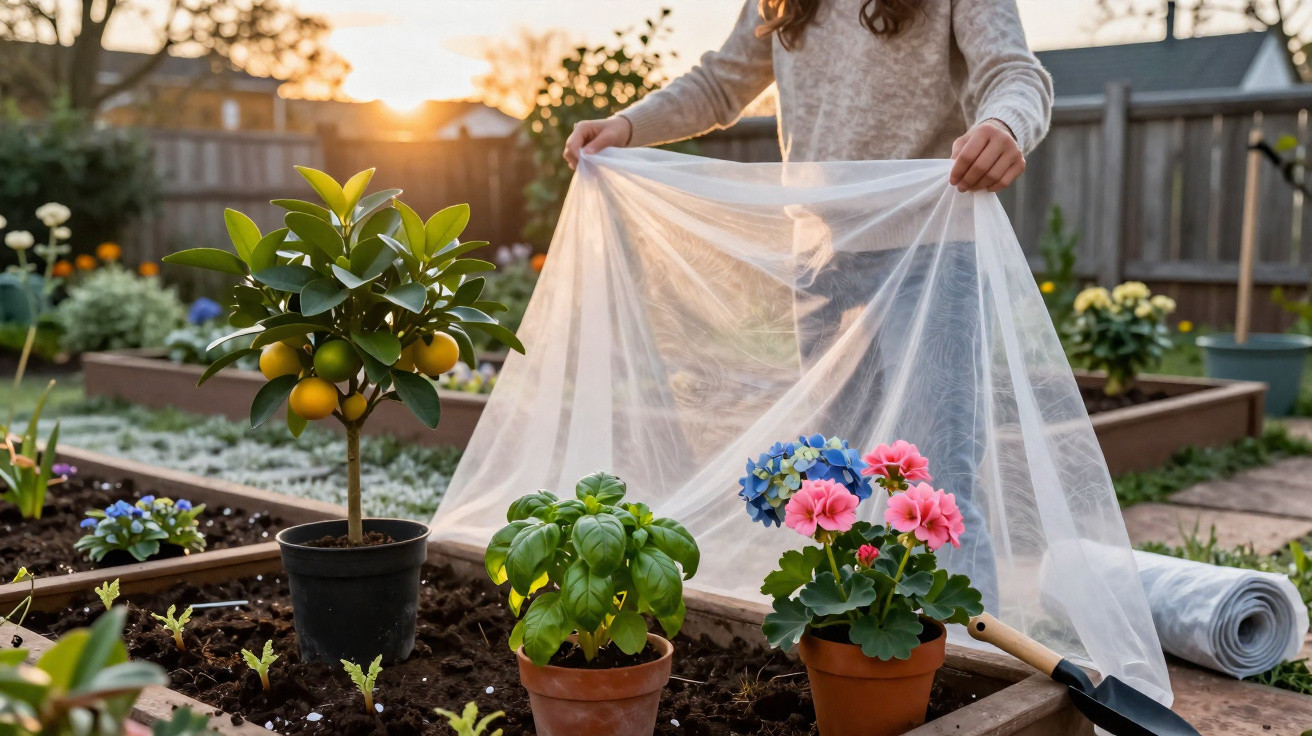 Pessoa segurando um tecido branco transparente sobre vasos com plantas e flores em jardim ao pôr do sol.