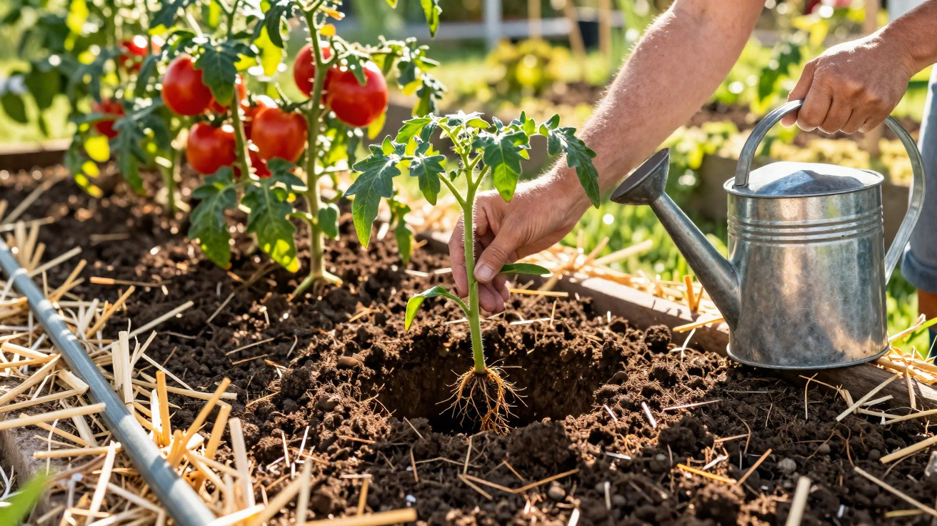 Pessoa plantando muda de tomate em solo preparado com regador ao lado em jardim ensolarado.