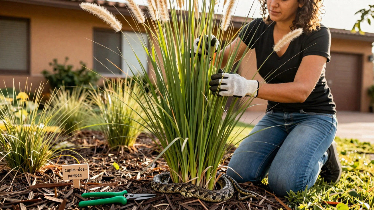 Mulher de luvas cuidando de planta capim-dos-pampas com cobra enrolada na base, em jardim.