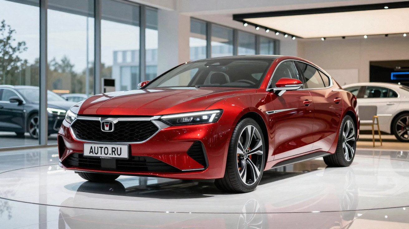 Carro esportivo vermelho com faróis LED e rodas pretas em showroom moderno com piso branco.