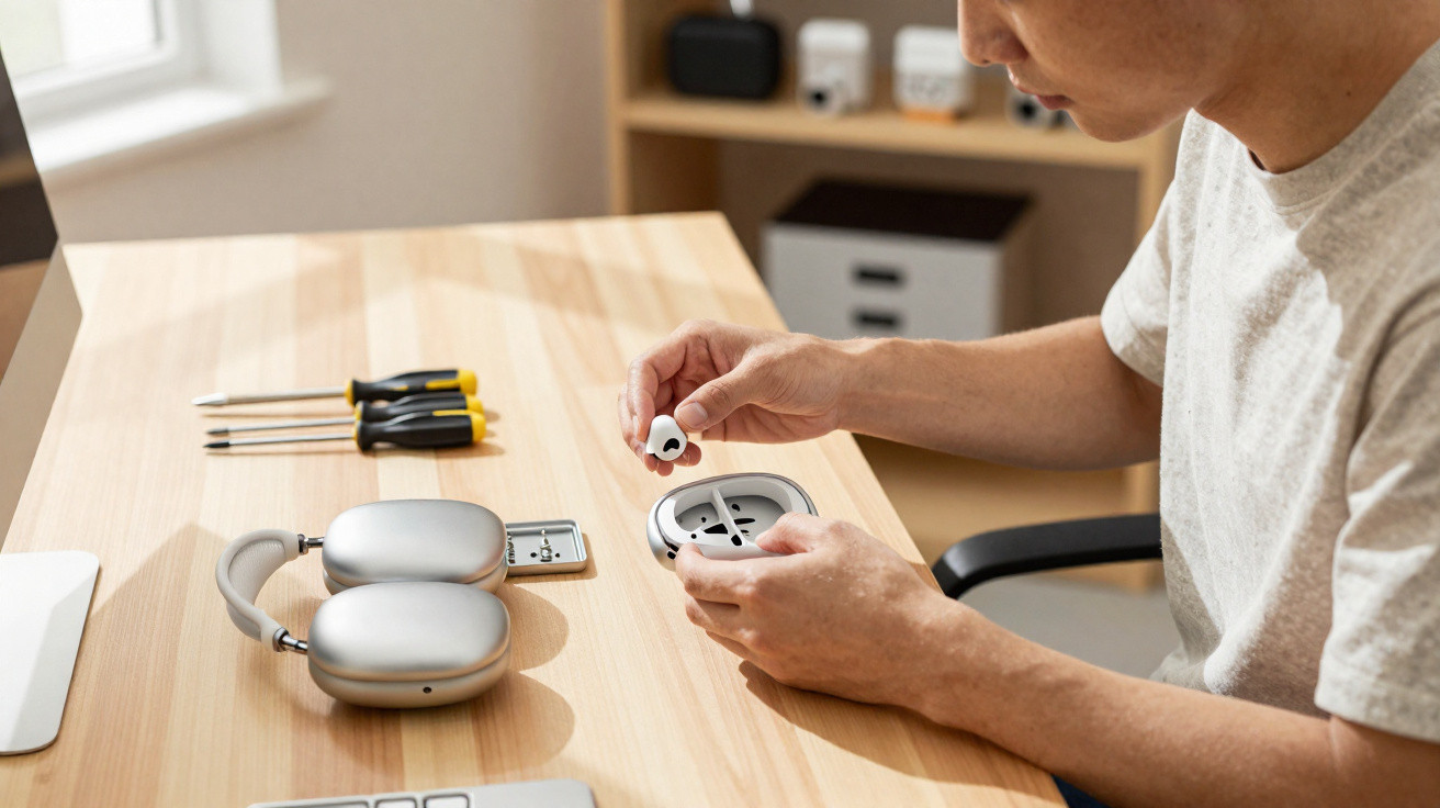 Pessoa desmontando fone de ouvido sem fio em mesa com ferramentas e fone de ouvido grande ao lado.