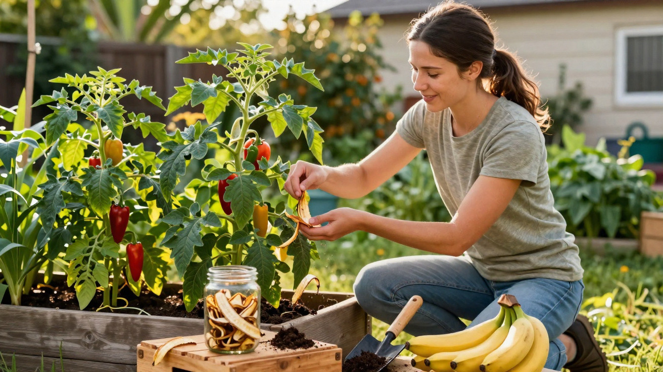 Mulher colhendo bananas em horta ao ar livre com plantas e banco de madeira ao lado.