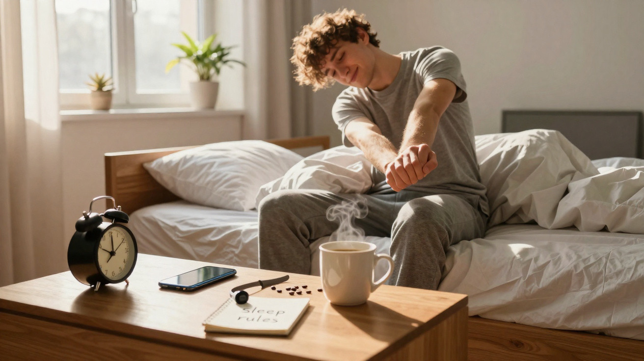 Jovem espreguiçando-se na cama ao amanhecer, com café quente e despertador na mesa ao lado.