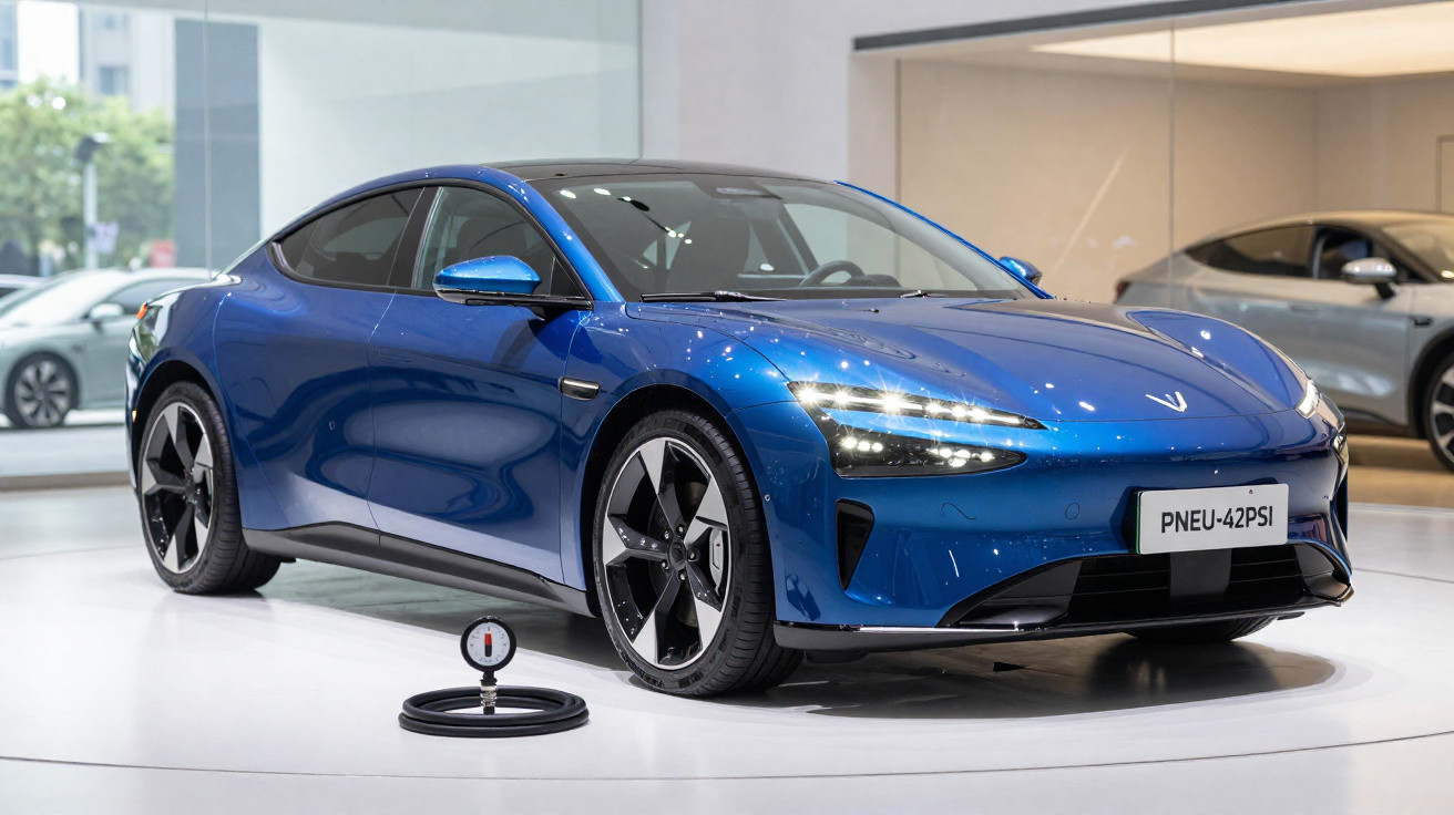 Carro esportivo elétrico azul com design moderno e rodas grandes exibido em estande interno.