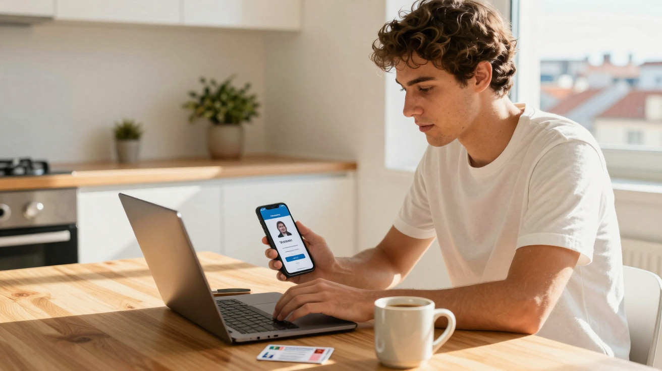 Jovem usando smartphone para ver identificação digital enquanto trabalha no laptop em cozinha iluminada.