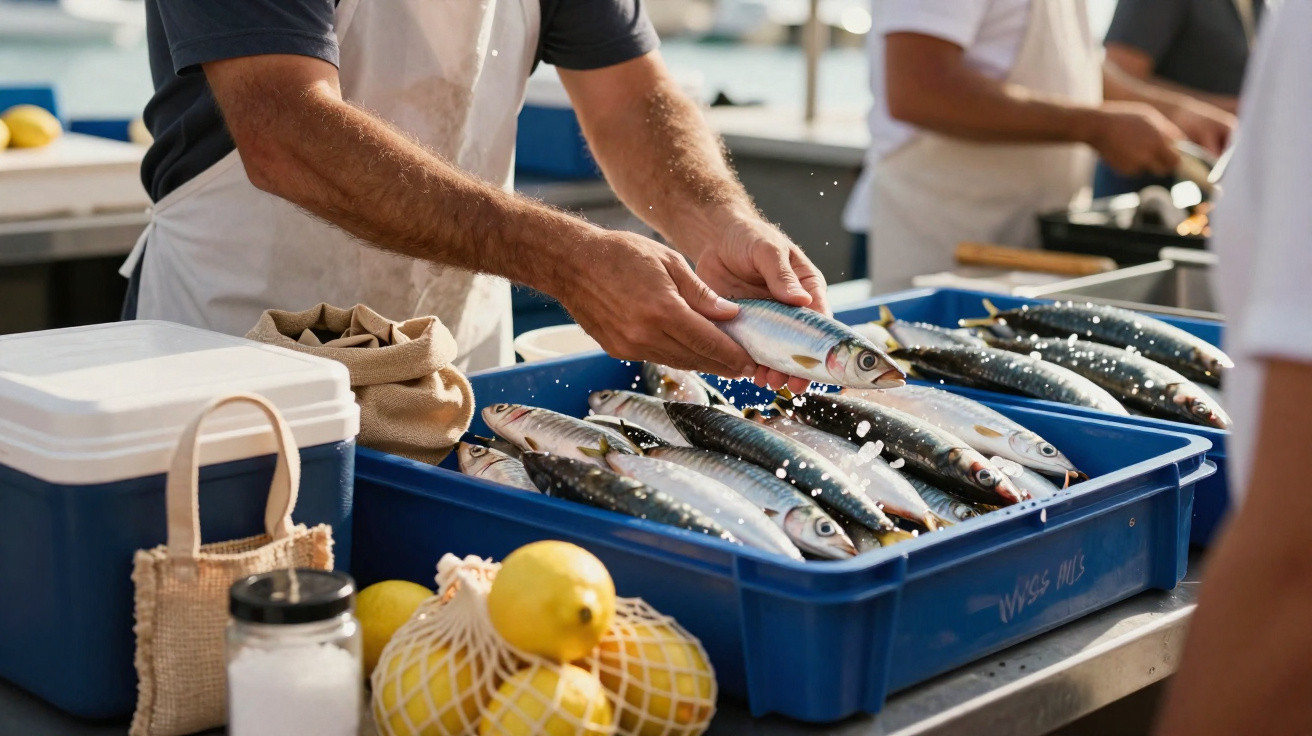 Pessoa segurando peixe fresco em caixa azul com limões e sal em mercado ao ar livre.