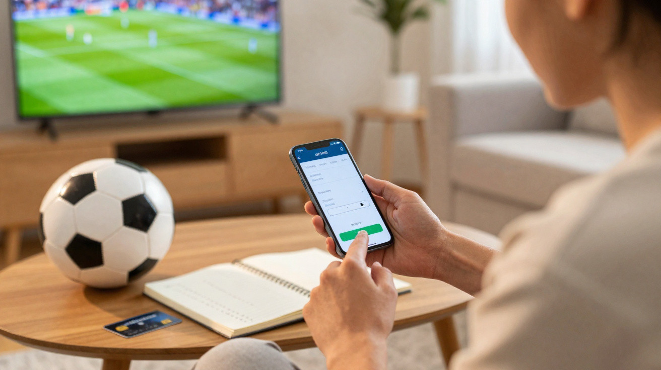 Pessoa usando celular para apostar enquanto assiste jogo de futebol na TV com bola e caderno na mesa.