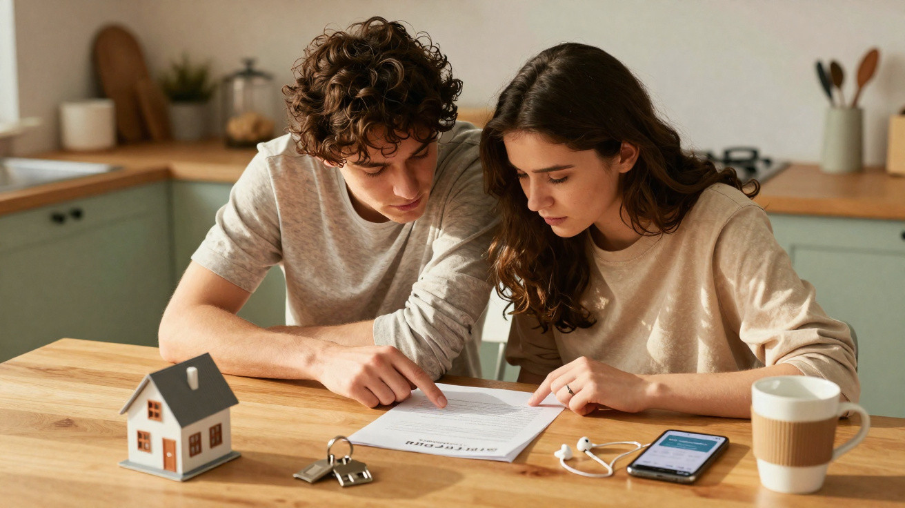 Casal jovem revisando documento sobre controle de casa em mesa com chave, miniatura de casa, celular e café.