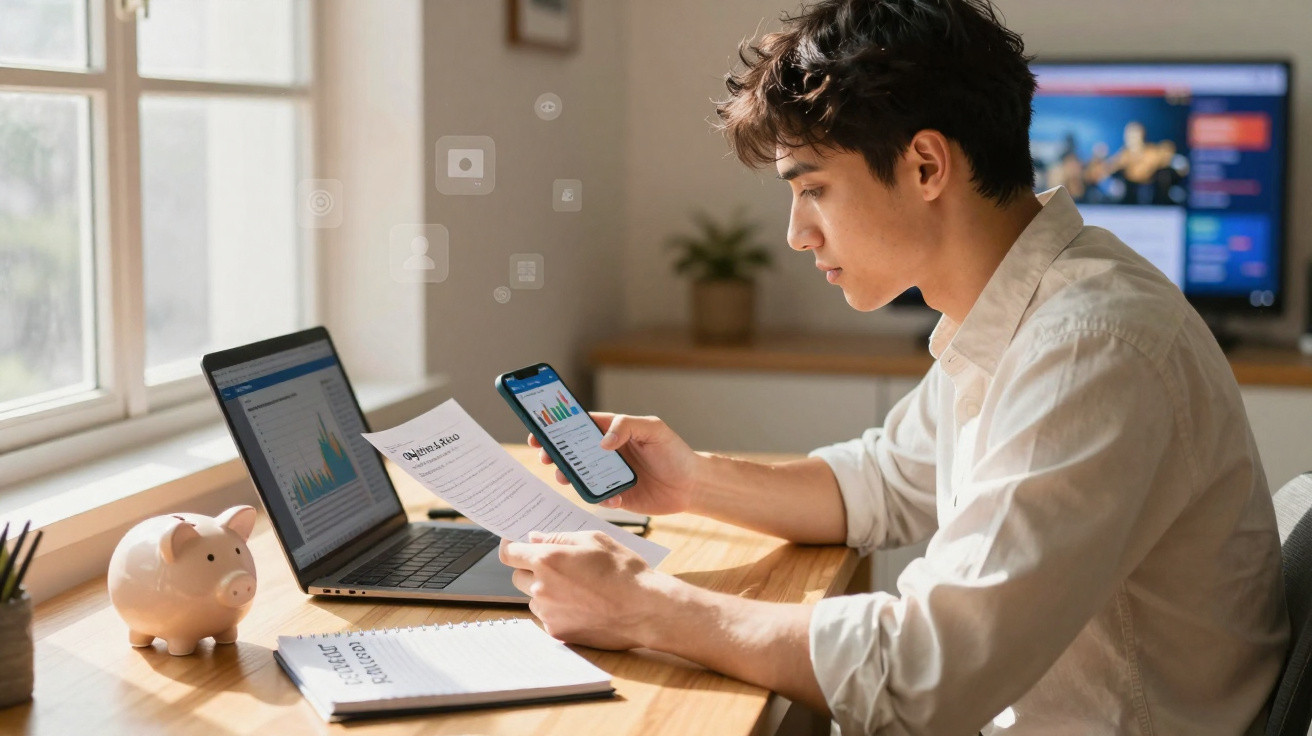Jovem analisando gráficos em celular e papéis enquanto trabalha em laptop em mesa perto da janela.