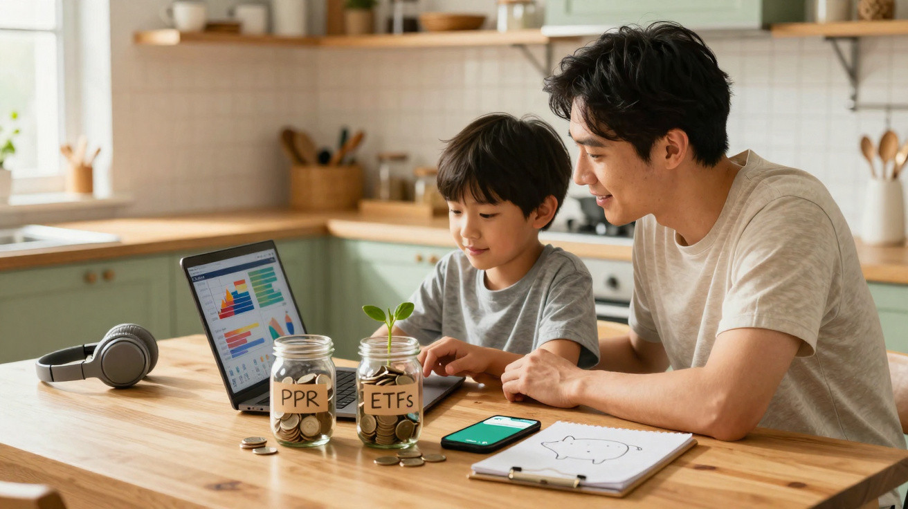 Pai e filho sentados à mesa com moedas, potes de investimento e notebook aberto com gráficos financeiros.