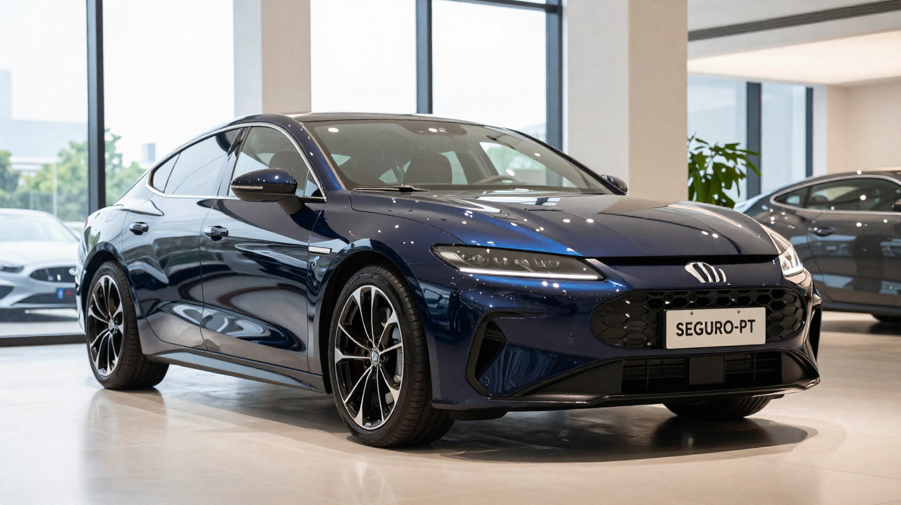 Carro esportivo elétrico azul escuro exibido em showroom moderno com grande vitrine de vidro.